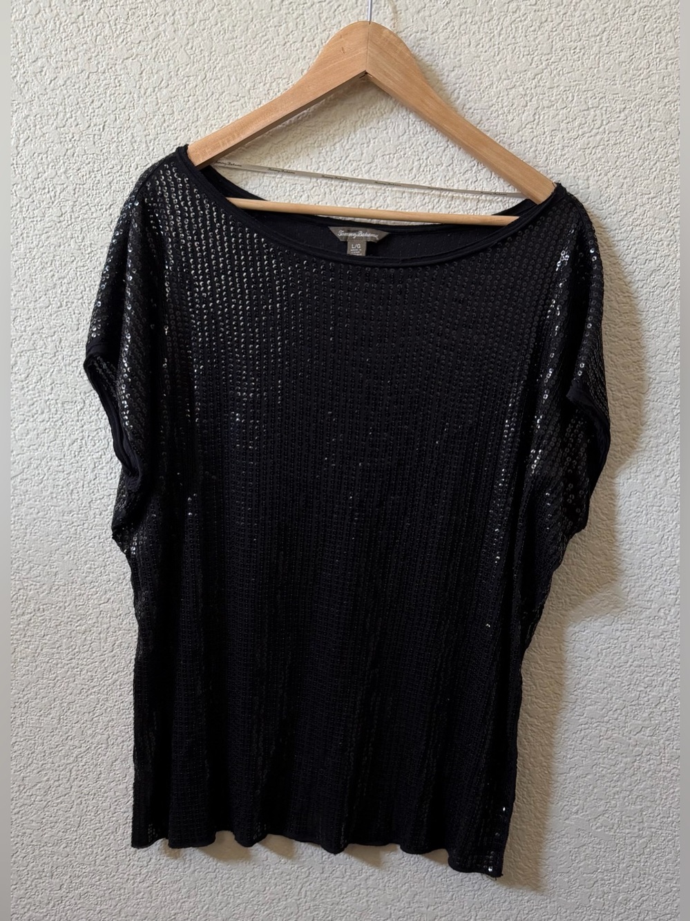 Tommy Bahama Women's Size Large Black Sequin Boatneck Drapey Short Sleeve Top